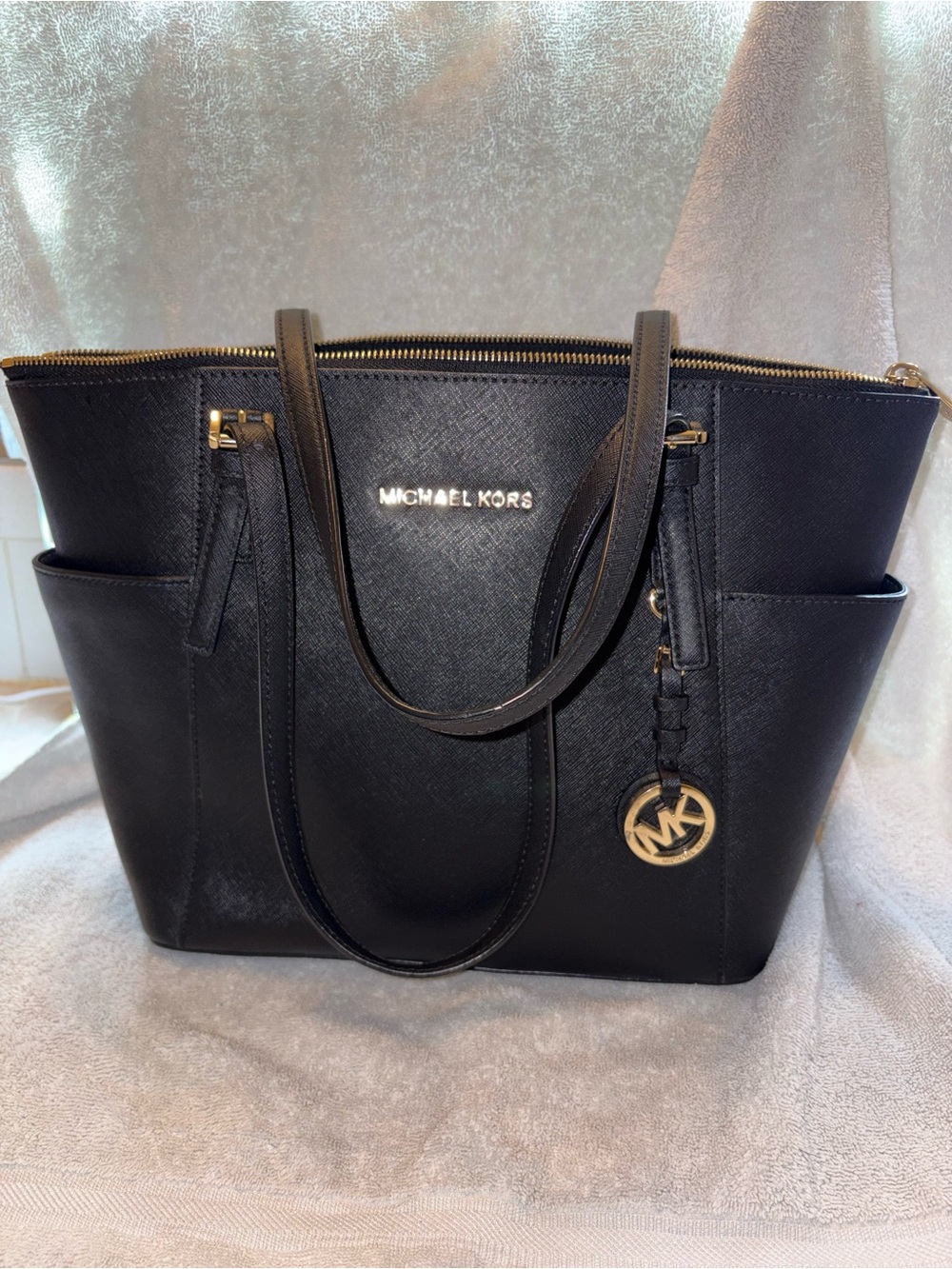 Michael Kors Black Leather Tote Bag with Gold Accent Authentic